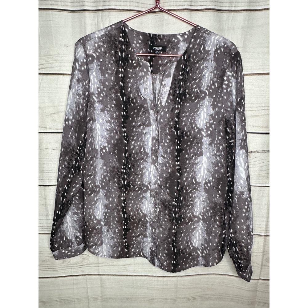 Premise Studio Blouse Women XL Brown Abstract Animal Print V-Neck Long Sleeve